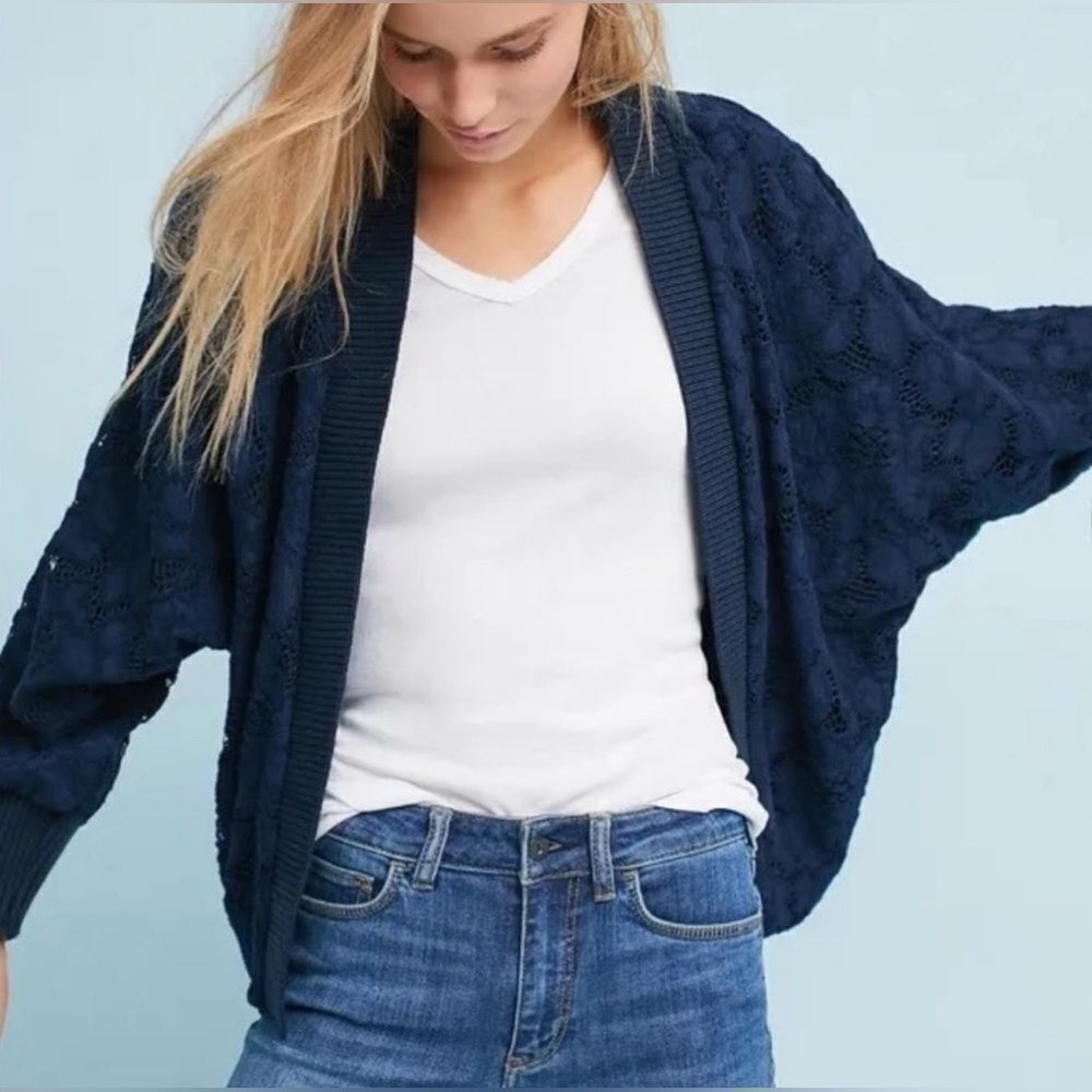 Akemi + Kin Anthropologie Navy Blue Brushed Lace Cardigan Sweater Size M
